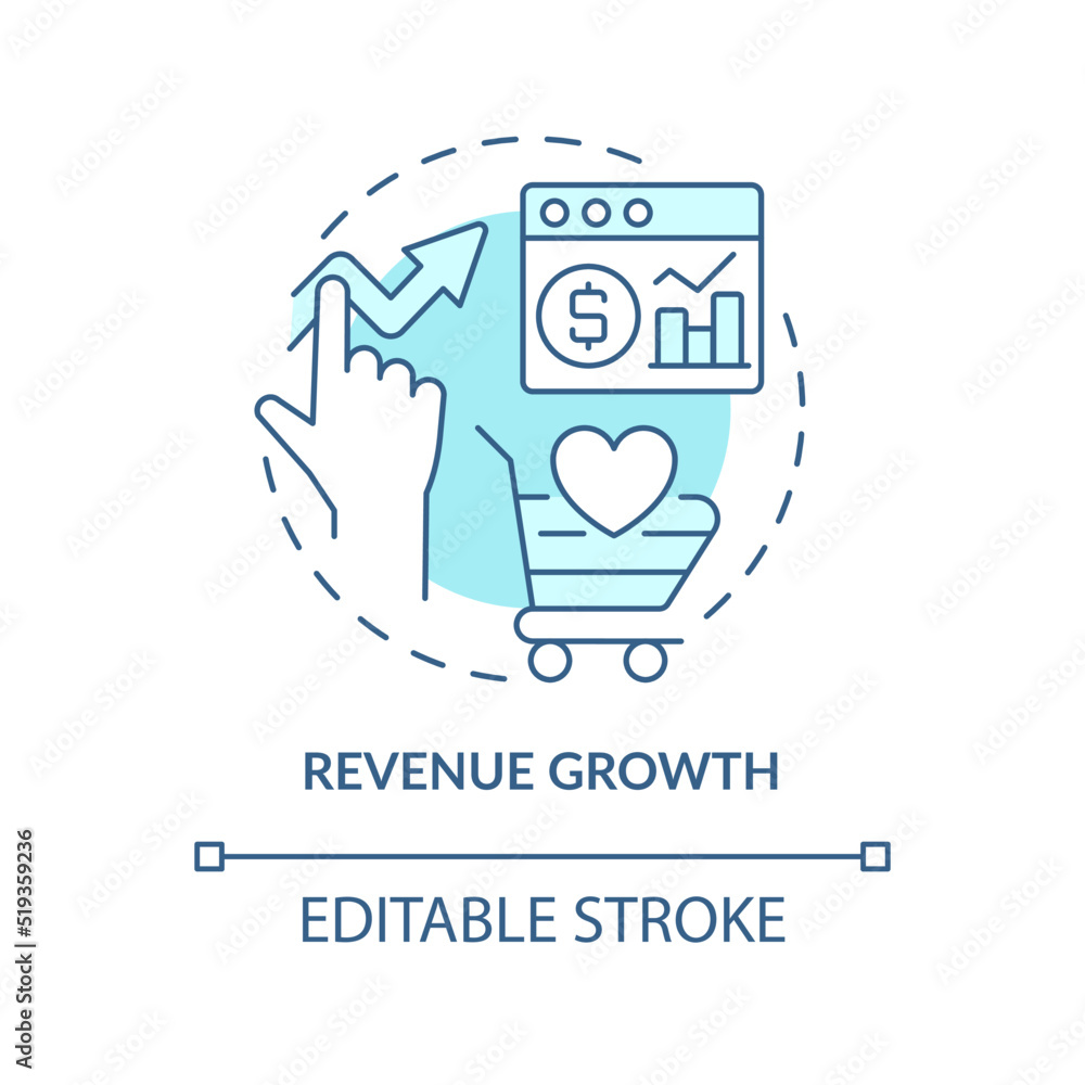 Revenue growth turquoise concept icon. Customer engagement platform importance abstract idea thin line illustration. Isolated outline drawing. Editable stroke. Arial, Myriad Pro-Bold fonts used Revenue growth turquoise concept icon. Customer engagement platform importance abstract idea thin line illustration. Isolated outline drawing. Editable stroke. Arial, Myriad Pro-Bold fonts used