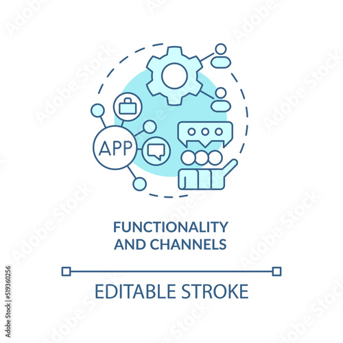 Functionality and channels turquoise concept icon. Client engagement platform feature abstract idea thin line illustration. Isolated outline drawing. Editable stroke. Arial, Myriad Pro-Bold fonts used