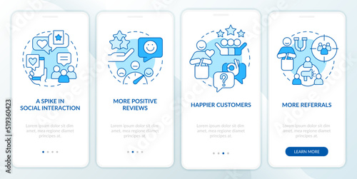 Tracking customer engagement blue onboarding mobile app screen. Walkthrough 4 steps editable graphic instructions with linear concepts. UI, UX, GUI template. Myriad Pro-Bold, Regular fonts used
