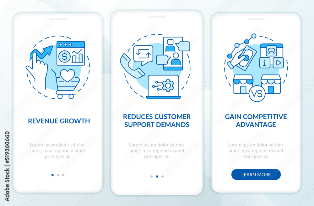 Customer engagement platform importance blue onboarding mobile app screen. Walkthrough 3 steps editable instructions with linear concepts. UI, UX, GUI template. Myriad Pro-Bold, Regular fonts used Customer engagement platform importance blue onboarding mobile app screen. Walkthrough 3 steps editable instructions with linear concepts. UI, UX, GUI template. Myriad Pro-Bold, Regular fonts used