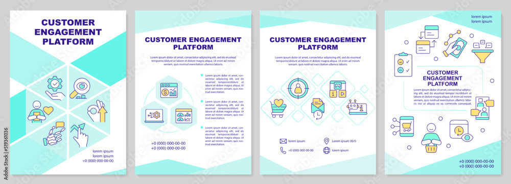 Naklejka premium Customer engagement platform brochure template. Leaflet design with linear icons. Editable 4 vector layouts for presentation, annual reports. Arial-Black, Myriad Pro-Regular fonts used