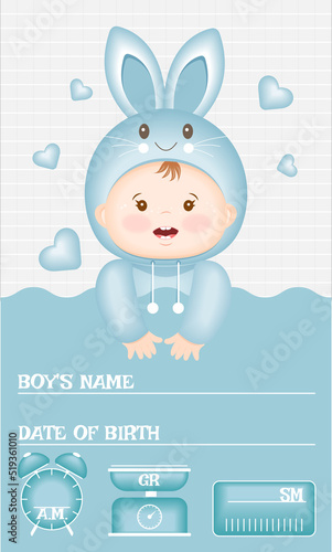 Children's poster, name, height, weight, date of birth. Vector illustration of the metrics of a newborn boy
