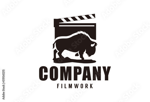 Vintage clapperboard with bison Logo design for movie / cinema production