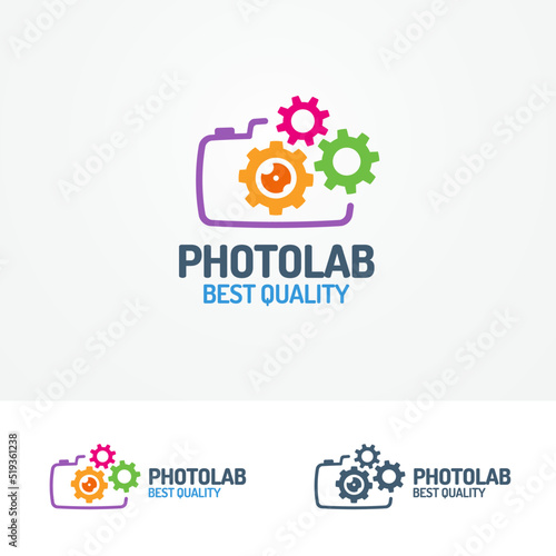 Photolab logo set with photocamera and gears modern color style can for use photostudio, photoalbum, photoschool, photoeducation, photolaboratory, food photo, wedding and etc. Vector Illustration