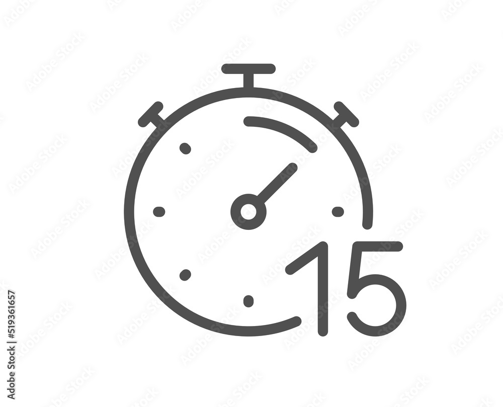 Timer 15 minutes line icon. Stopwatch time sign. Countdown clock symbol. Quality design element. Linear style timer icon. Editable stroke. Vector Timer 15 minutes line icon. Stopwatch time sign. Countdown clock symbol. Quality design element. Linear style timer icon. Editable stroke. Vector