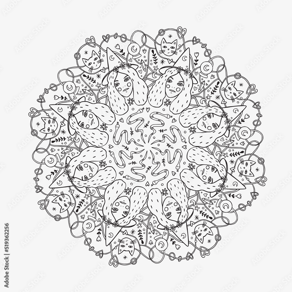 Halloween mandala with witch. Creative ornament. Repeating art for background. Can be used as a coloring book for children and adults to enjoy their hobby. Also can be used as a tattoo design.