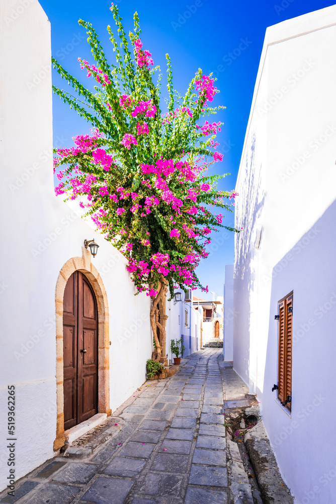 Rhodes, Greece. Beautiful narrow street in downtown of Lindos