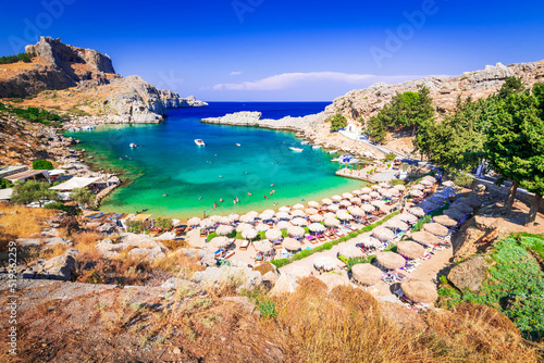 Lindos, Rhodes. Saint Paul Beach and Acropolis, Greek Islands in Greece.