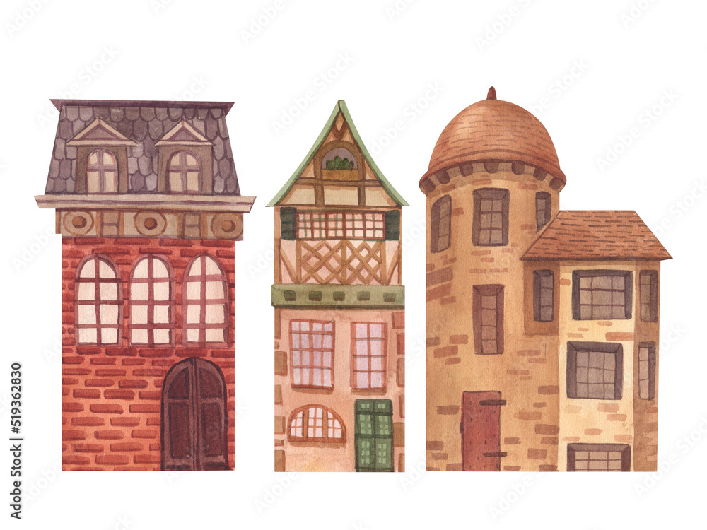 House home cottage cosy building estate painted by watercolor isolated on a white background cartoon set illustration. Hand-drawn cute of architecture suburban old european town.