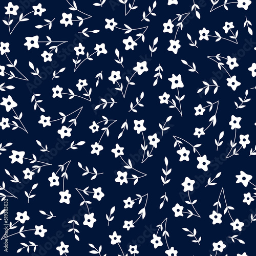 Floral seamless pattern. White flowers on navy background