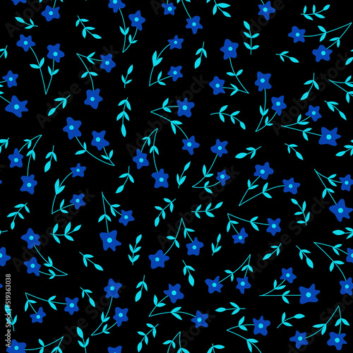 Floral seamless pattern. Blue flowers on black background