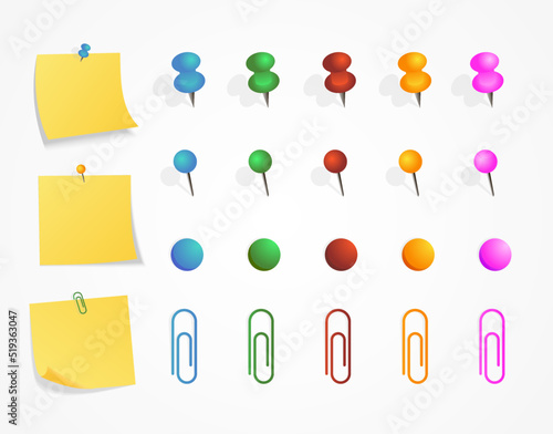 Yellow sticker set pinned push button with curled corner and push pin, clip and magnet set isolated on white background ready for your message. Vector illustration