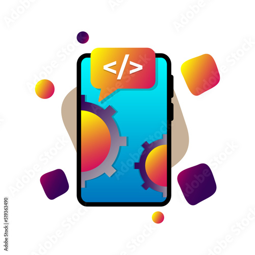 404 error page, system under maintenance, app upgrade, update on mobile phone or smartphone concept illustration flat design vector