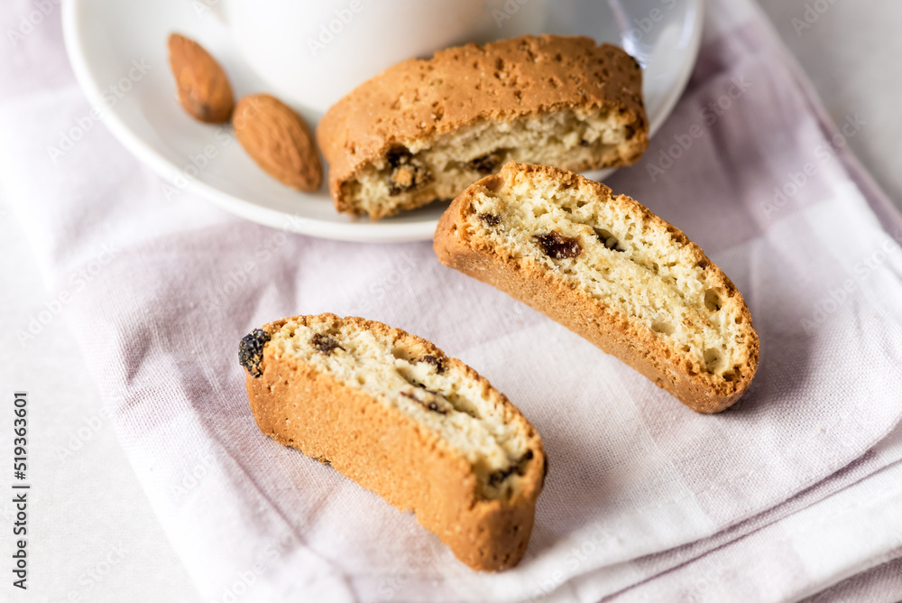 White Cup of Strong Coffee Served with Italian Almond Cookies Cantucci Gray Background Napkin Horizontal White Cup of Strong Coffee Served with Italian Almond Cookies Cantucci Gray Background Napkin Horizontal