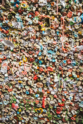 A close-up view of the famous downtown Seattle gum wall