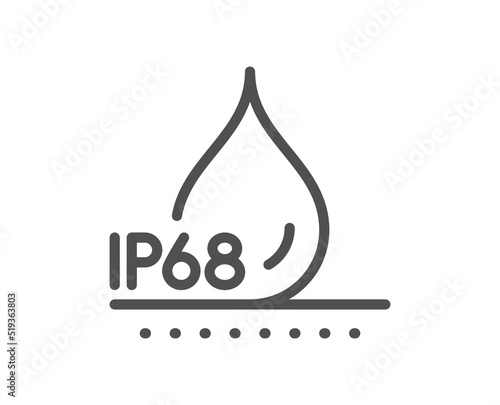 Waterproof line icon. Water resistant ip68 sign. Drop protection symbol. Quality design element. Linear style waterproof icon. Editable stroke. Vector