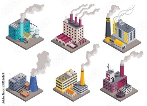 Factory isometric. Architecture of manufactures houses. Industrial buldings. 3d isolated icons. Concept of industrial working plants with chimney pipe tower