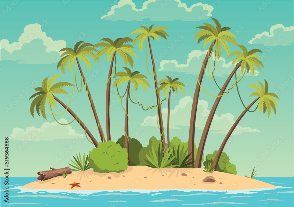 Robinson crusoe island. Desert island in ocean and palm coconut trees. Tropical paradise landscape, sandy beach flat cartoon vector illustration - obrazy, fototapety, plakaty 