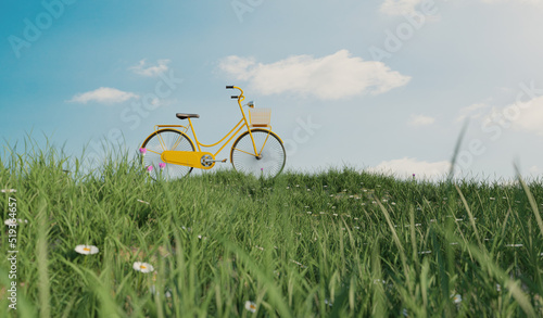 yellow bicycle at field grass hill, safe earth and environment protection concept, 3d illustration rendering 