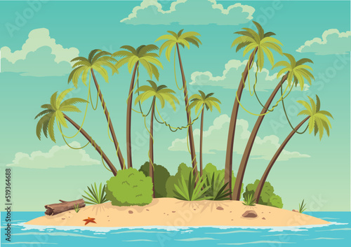 Robinson crusoe island. Desert island in ocean and palm coconut trees. Tropical paradise landscape, sandy beach flat cartoon vector illustration photo