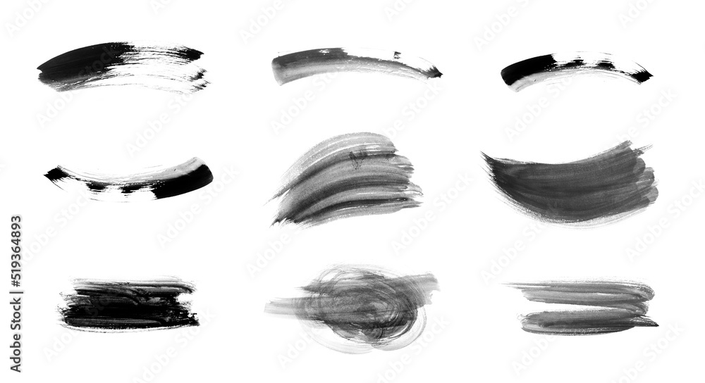 Brush strokes set. Water color paintbrush background texture, ink line banners, hand drawn black lines, brushstroke painted frames isolated