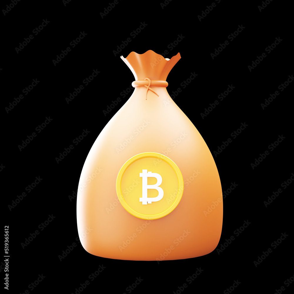 Golden Bitcoin Sack 3D Render Illustration Of On Black Background. Golden Bitcoin Sack 3D Render Illustration Of On Black Background.