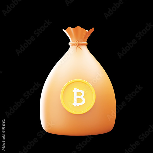 Golden Bitcoin Sack 3D Render Illustration Of On Black Background.