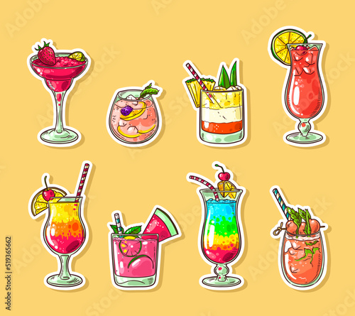 Vector collection of drinks stickers. Cocktail and drink menu illustrations for bar card, price list. Set of colorful stickers with cocktails