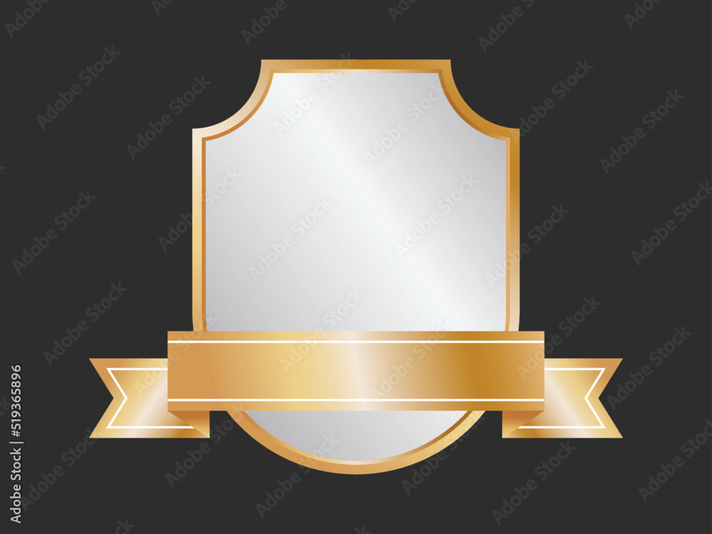 Empty Shield Frame Or Label With Golden Ribbon On Black Background. Empty Shield Frame Or Label With Golden Ribbon On Black Background.