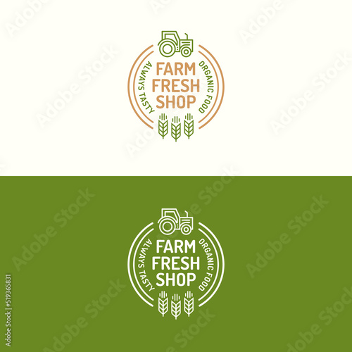 Farm fresh shop logo set color line with icon tractor and wheat on background for natural product company, healthy food market, vegan cafe, eco store, nature firm, garden, farming. Vector Illustration