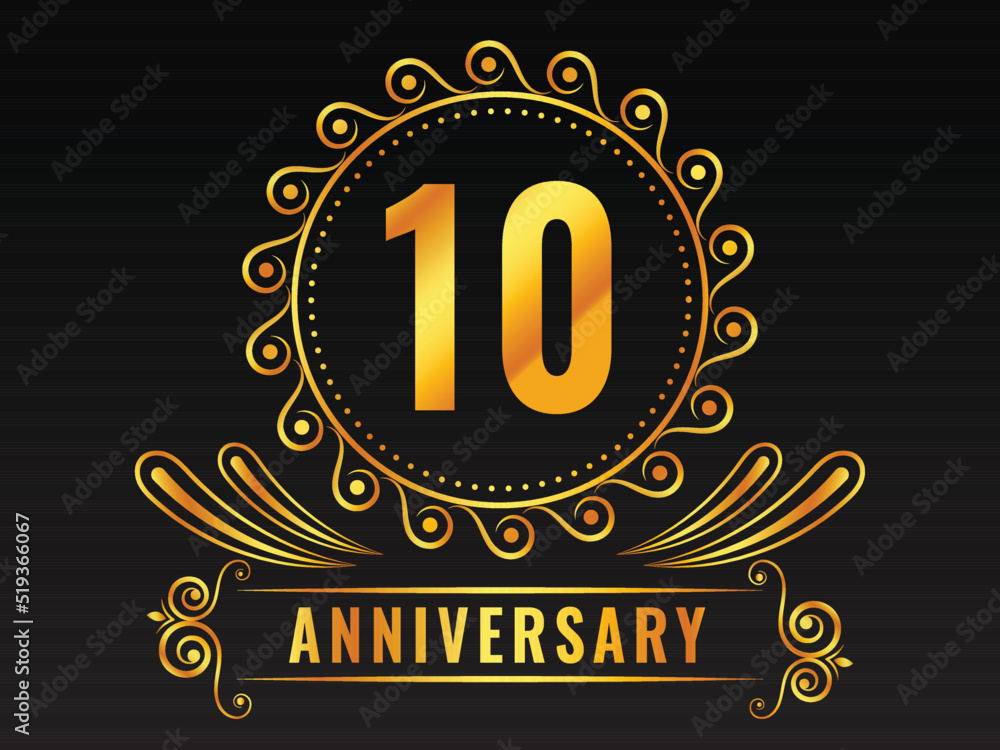 Golden 10th Anniversary Emblem Badge On Black Background. Golden 10th Anniversary Emblem Badge On Black Background.