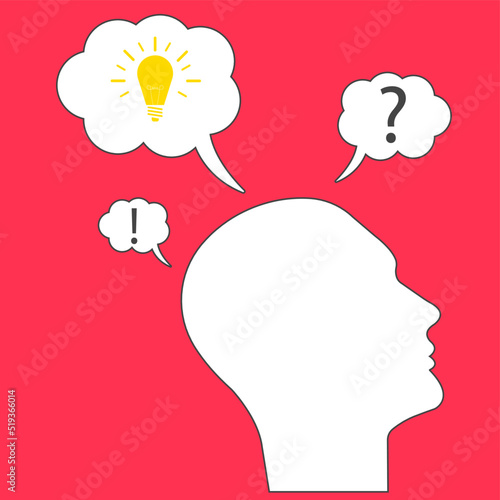 head,
thought bubbles.
Burning light bulb symbolizing new idea.
Problem solving idea concept.