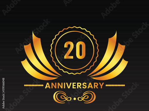Golden 20th Anniversary Emblem, Badge Or Label On Black Background.