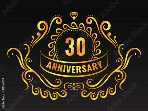 Golden 30th Anniversary Emblem Logo With Flourish Or Motif On Black Background.