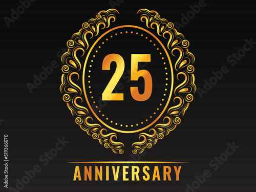 Golden 25th Anniversary Emblem Badge On Black Background.