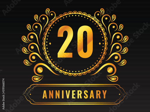 Golden 20th Anniversary Emblem Logo, Badge On Black Background.