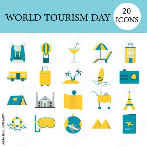 Flat Style 20 World Tourism Day Icon Set In Teal And Yellow Color.