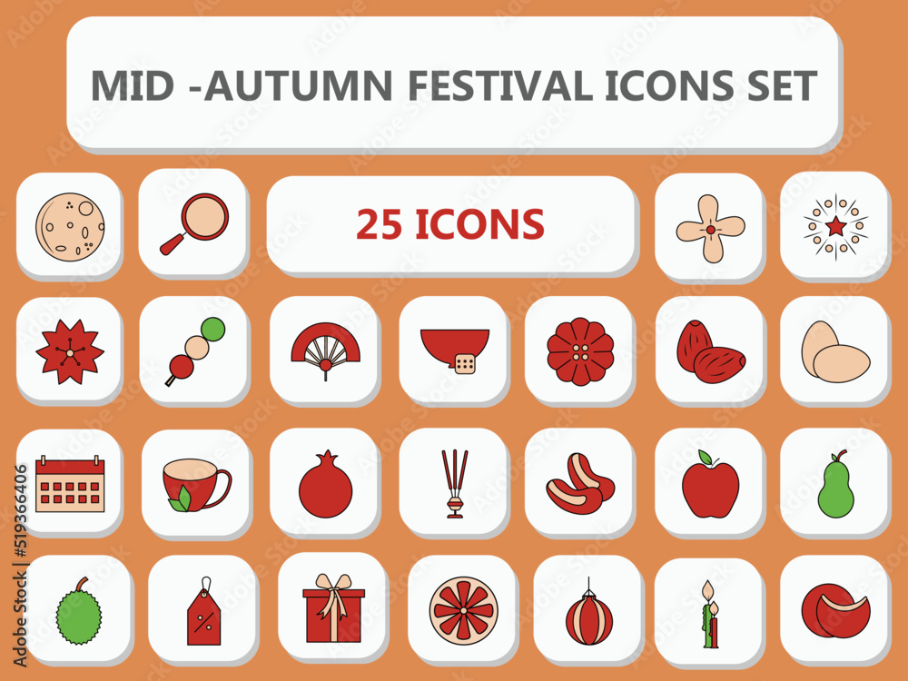 Isolated 25- Mid Autumn Festival Icon Set In Flat Style Isolated 25- Mid Autumn Festival Icon Set In Flat Style