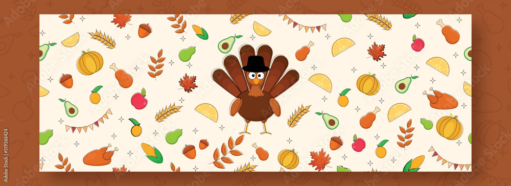 Thanksgiving banner design with turkey bird and fruits, doodle style banner. Thanksgiving banner design with turkey bird and fruits, doodle style banner.