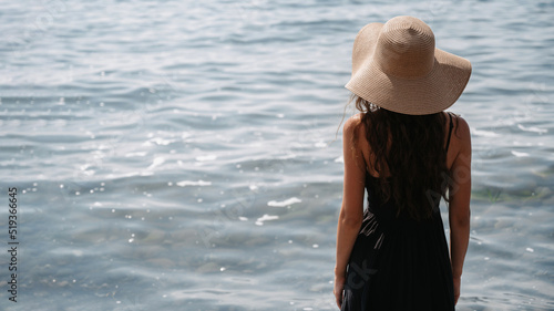 A picture of a beautiful young woman with long dark hair in a dress and a straw hat, posing on the beach, standing with her back and looking at the endless sea. A place for your text.