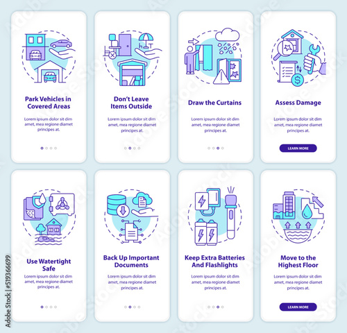 Safety tips for flood and hailstorm onboarding mobile app screen set. Walkthrough 4 steps editable graphic instructions with linear concepts. UI, UX, GUI template. Myriad Pro-Bold, Regular fonts used