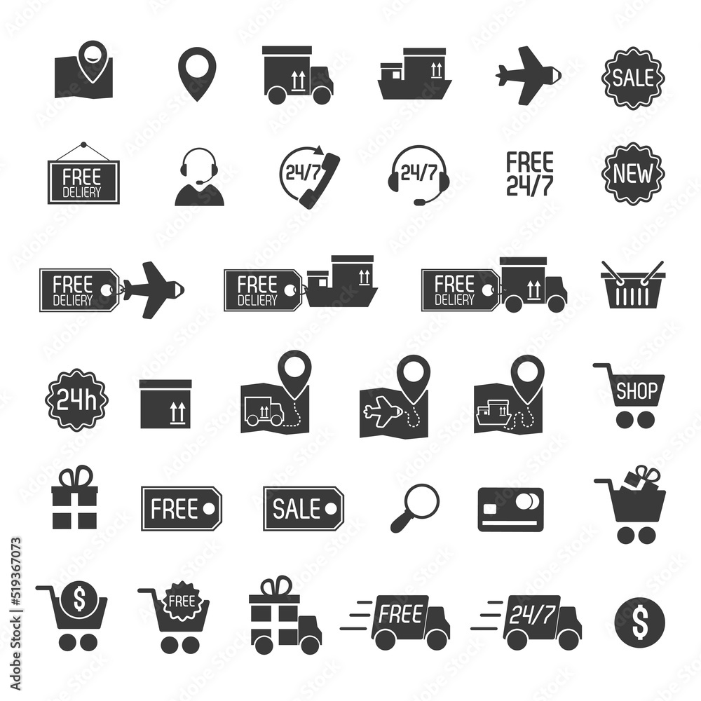 Shopping and delivery black set icons isolated on white background. Vector Illustration Shopping and delivery black set icons isolated on white background. Vector Illustration