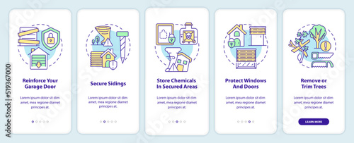 Wind storms and tornadoes safety onboarding mobile app screen. Walkthrough 5 steps editable graphic instructions with linear concepts. UI, UX, GUI template. Myriad Pro-Bold, Regular fonts used