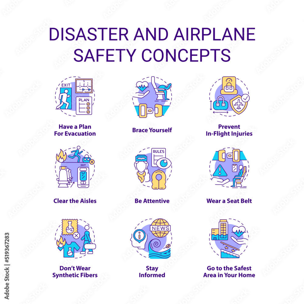 Disaster and airplane safety concept icons set. Emergency preparedness idea thin line color illustrations. Be attentive. Isolated symbols. Editable stroke. Roboto-Medium, Myriad Pro-Bold fonts used Disaster and airplane safety concept icons set. Emergency preparedness idea thin line color illustrations. Be attentive. Isolated symbols. Editable stroke. Roboto-Medium, Myriad Pro-Bold fonts used