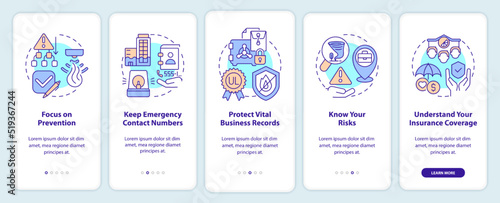 Disaster preparedness for business onboarding mobile app screen. Walkthrough 5 steps editable graphic instructions with linear concepts. UI, UX, GUI template. Myriad Pro-Bold, Regular fonts used