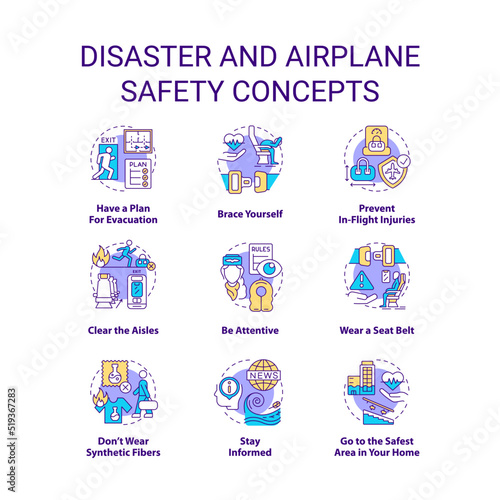 Disaster and airplane safety concept icons set. Emergency preparedness idea thin line color illustrations. Be attentive. Isolated symbols. Editable stroke. Roboto-Medium, Myriad Pro-Bold fonts used