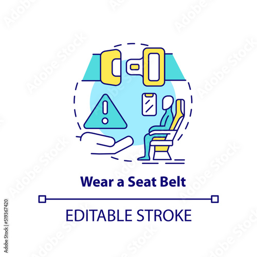 Wear seatbelt concept icon. Airplane passenger safety abstract idea thin line illustration. Shoulder harnesses. Isolated outline drawing. Editable stroke. Arial, Myriad Pro-Bold fonts used