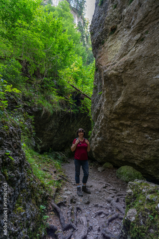 Wanderin in der Bürserschlucht, wandernde Frau neben den steilen Felswänden auf dem schmalen Weg durch die bewaldete Schlucht. bei Bürs in Vorarlberg, Österreich