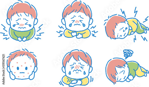 体調を崩した男の子のイラストセット