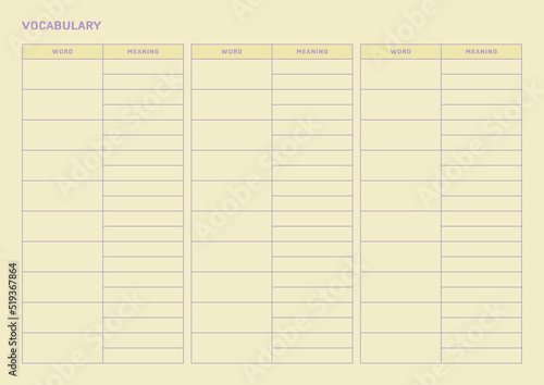 Note, scheduler, diary, calendar planner document template illustration. vocabulary form. photo